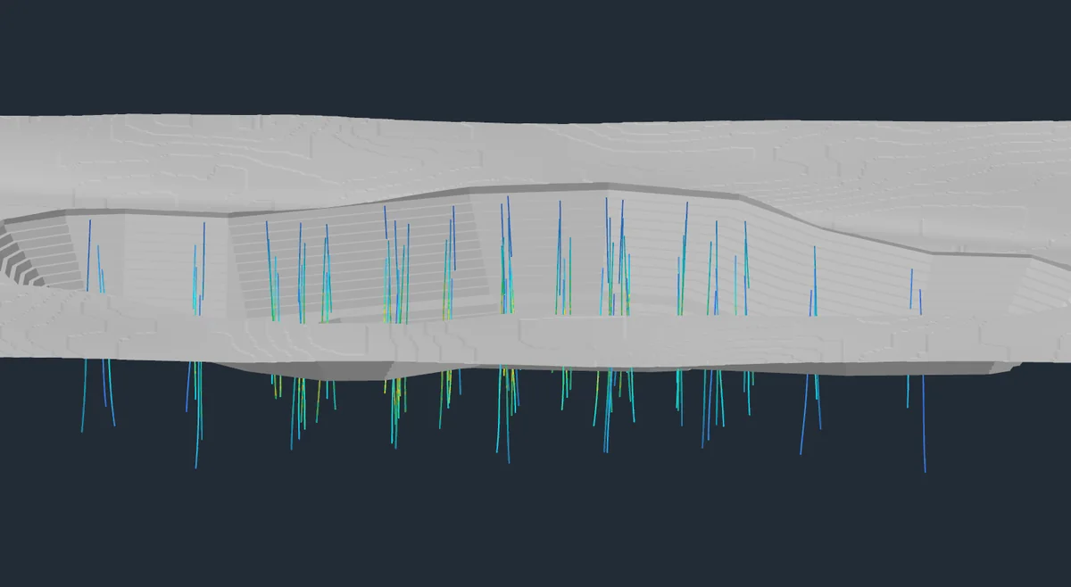 Drill-hole traces coloured by assay grade in Incline.