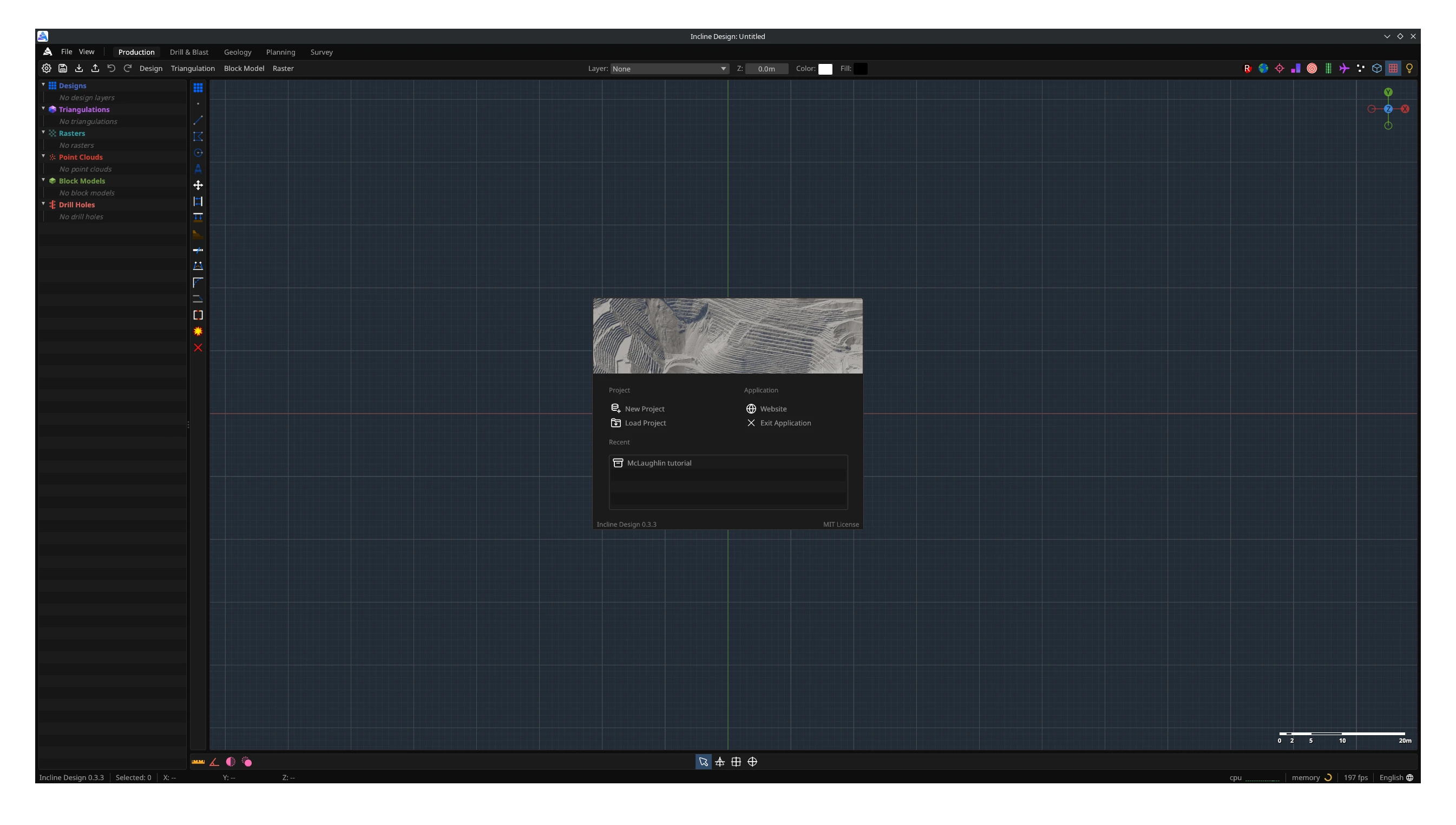 Incline desktop application showing a three-dimensional open-pit mine, project layers, and design toolbars.